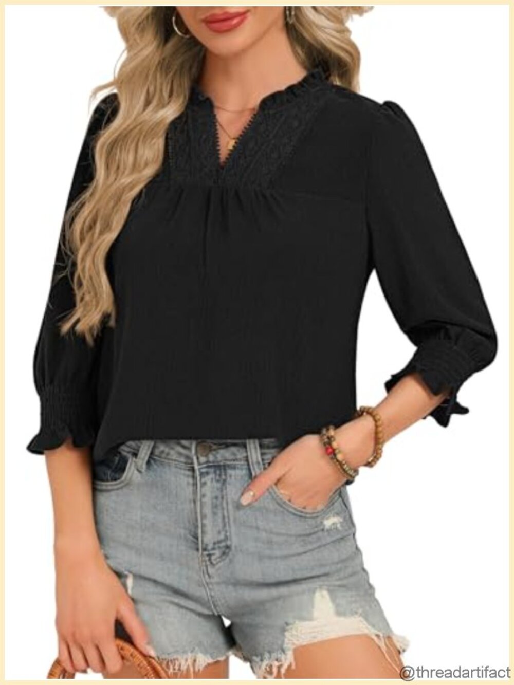Womens 3/4 Sleeve Ruffle V Neck Lace Crochet Blouse Smocked Cuffs